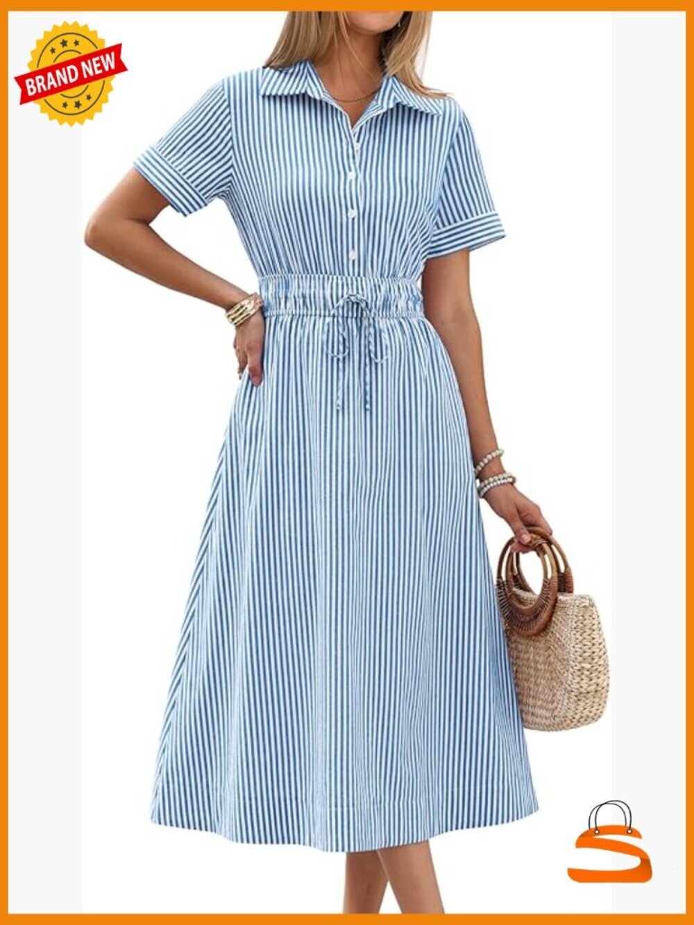 Striped Midi Shirt Dress with Drawstring Waist Pockets